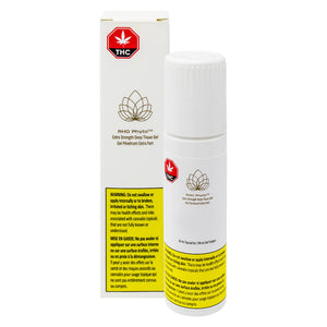 This image features a package and bottle of "Extra Strength Deep Tissue Gel Topical" from RHO Phyto. The packaging is sleek and professional, adhering to Health Canada's labelling regulations.