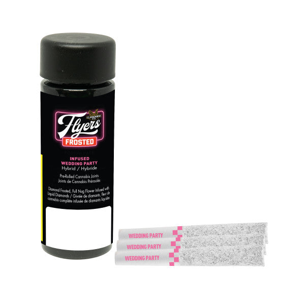 Black bottle labeled 'Flyers Frosted' with two silver packages on a white background