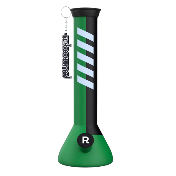 A silicone beaker-style water pipe with light blue and black stripes on a green base, featuring a glass bowl and the brand name 'Rebound' on the side.