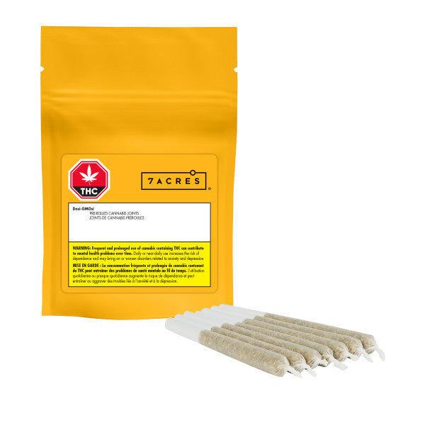 Yellow package labeled '7 Acres' with cannabis pre-rolls on a white background