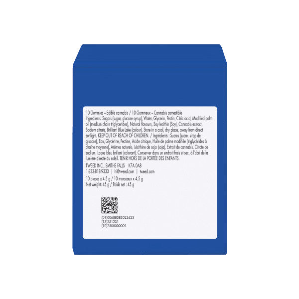 Blue packaging with white label containing text and a QR code on a white background