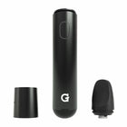 A black G Pen Micro+ vaporizer shown disassembled, with the main body, a mouthpiece, and a tank or cap component displayed separately. The main body features a prominent "G" logo and a power button.