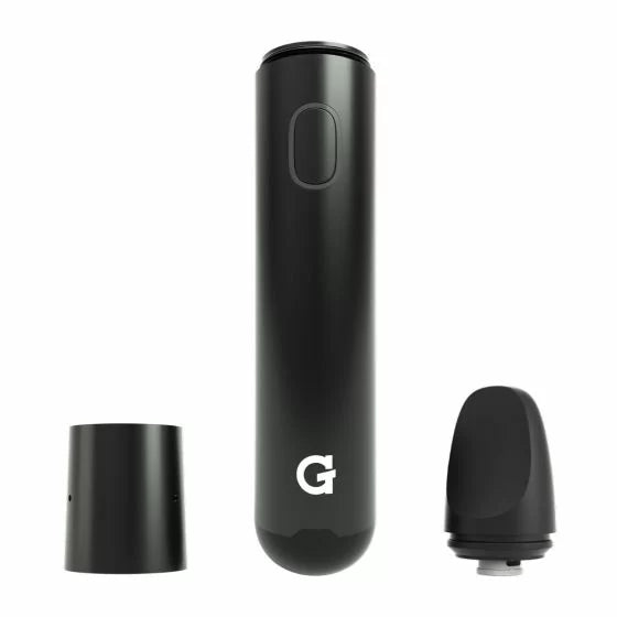A black G Pen Micro+ vaporizer shown disassembled, with the main body, a mouthpiece, and a tank or cap component displayed separately. The main body features a prominent "G" logo and a power button.