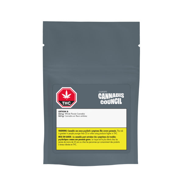 Gray packaging with THC warning label and Cannabis Council branding on a white background