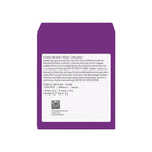 Purple packaging with white label containing text and a barcode on a white background