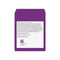 Purple packaging with white label containing text and a barcode on a white background