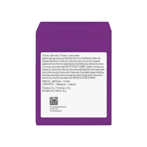 Purple packaging with white label containing text and a barcode on a white background