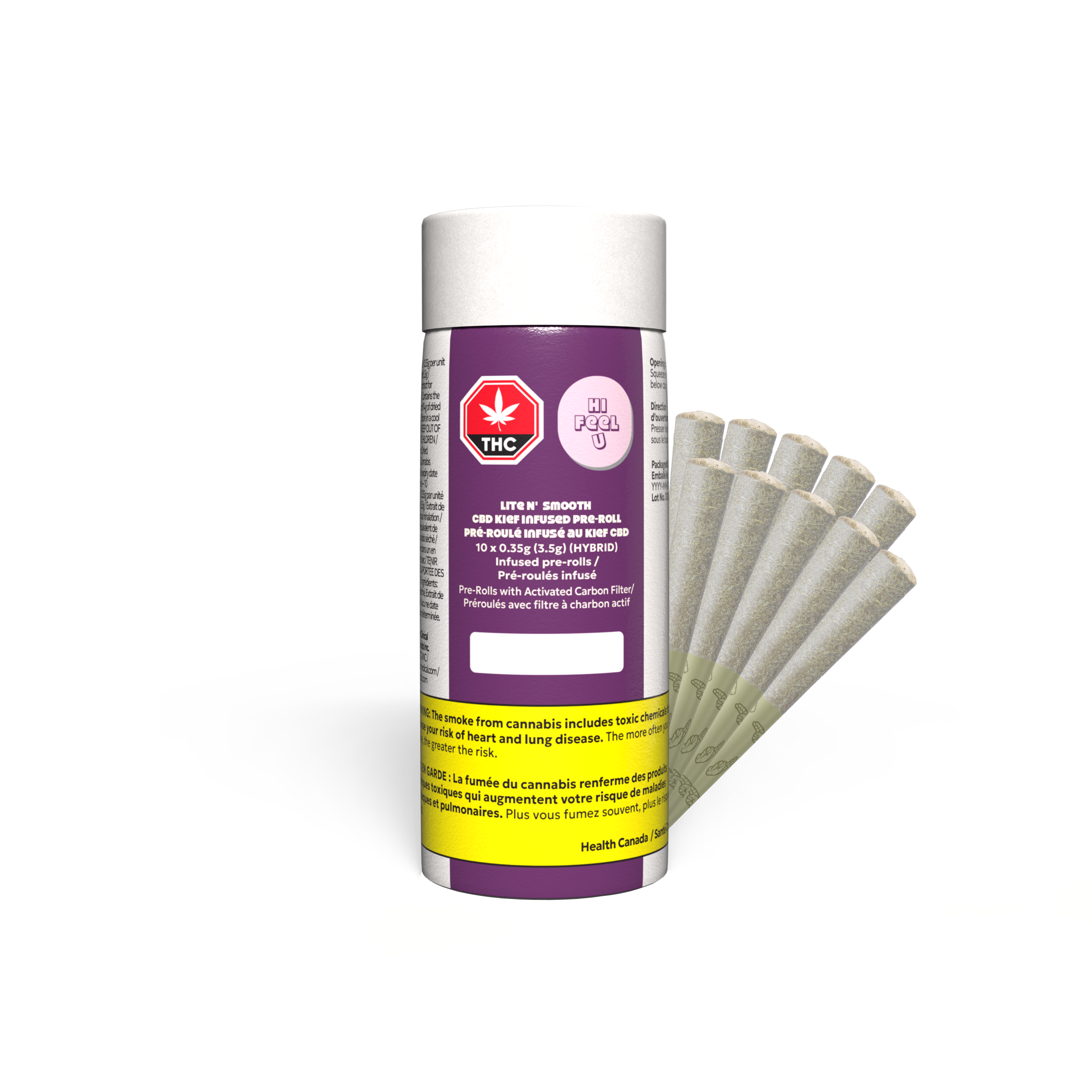 Cannabis product packaging with a purple label and white container on a white background