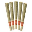 Five rolled joints with red labels on a white background