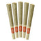 Five rolled joints with red labels on a white background