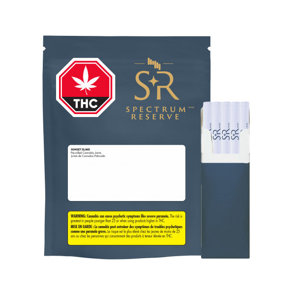 Spectrum Reserve THC packaging with a blue bag and white labels on a white background
