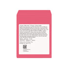 Pink packaging with a white label displaying text and a QR code on a white background