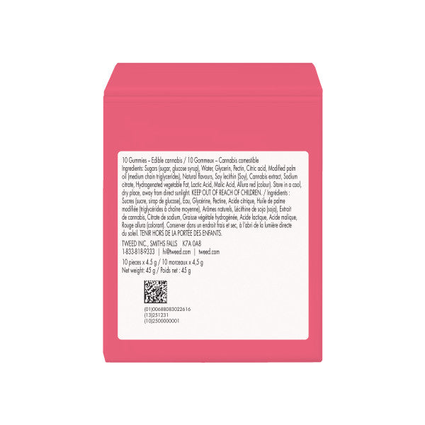 Pink packaging with a white label displaying text and a QR code on a white background