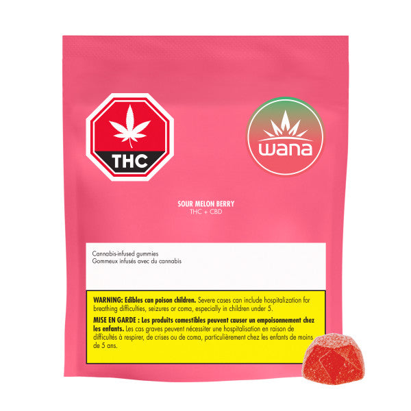 Pink package of THC+CBG gummies with Wana branding and a warning label.