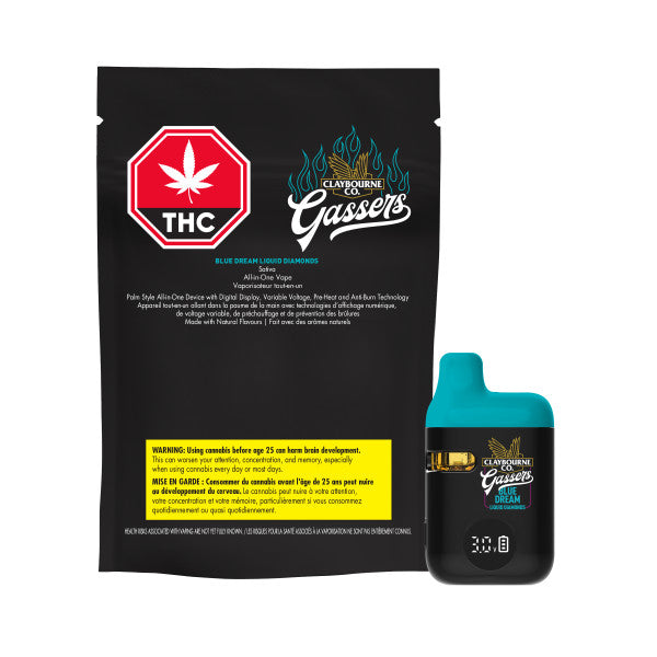Gassers vape device with packaging featuring THC logo on a white background