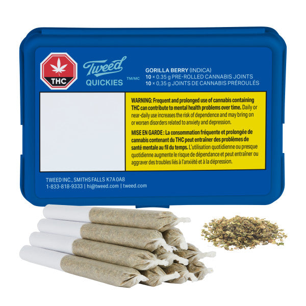 Tweed THC product packaging with rolled joints and warning label on a white background