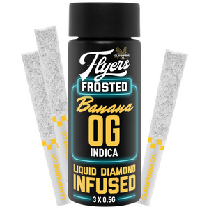 Product packaging for Claybourne Flyers Frosted Infused Banana OG pre-rolls, featuring a black container with text and branding, and two pre-rolled joints beside it.