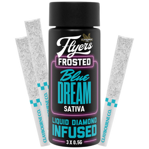 Product packaging for Claybourne Flyers Frosted Infused Blue Dream Sativa with image of pre-rolled joints and product label.