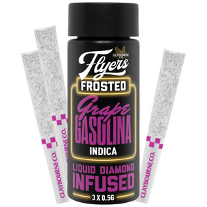 Product packaging for Claybourne Flyers Frosted Grape Gasolina pre-rolls, featuring two pre-rolled joints and a black container with purple and yellow branding.