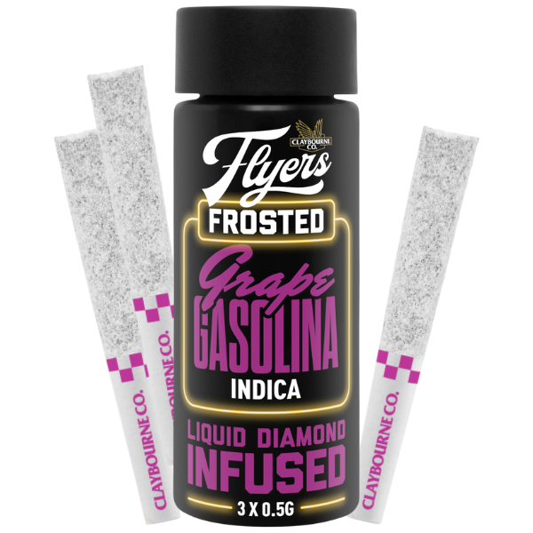 Product packaging for Claybourne Flyers Frosted Grape Gasolina pre-rolls, featuring two pre-rolled joints and a black container with purple and yellow branding.