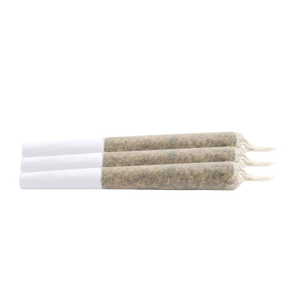 Four rolled herbal cigarettes with white paper tips and textured green-brown herbal filling, arranged horizontally on a plain white background.