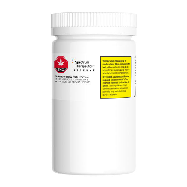 Product packaging for Spectrum Reserve White Widow Kush, indicating it is a sativa-dominant cultivar created by crossing White Widow and Cold Creek Kush.