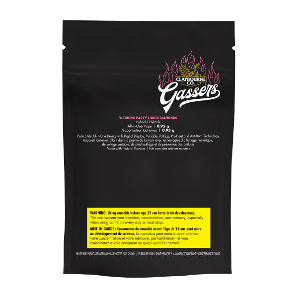Black packaging of 'Gassers' with branding and product details on a white background