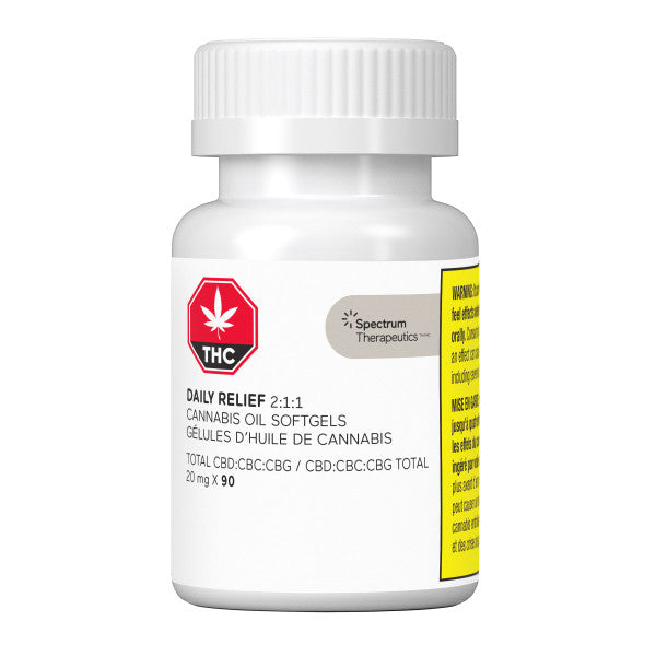 Bottle of Spectrum Therapeutics Daily Relief 2:1:1 Cannabis Oil Softgels on a white background