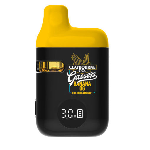 Black and yellow vape device with branding on a white background