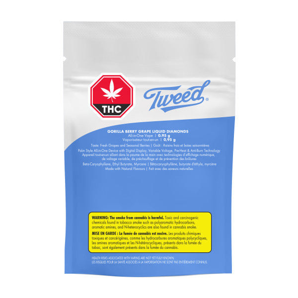 Tweed THC packaging with blue and white design