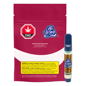 Pink packaging with THC logo and 'Hi Way' branding, featuring a cannabis vape pen.