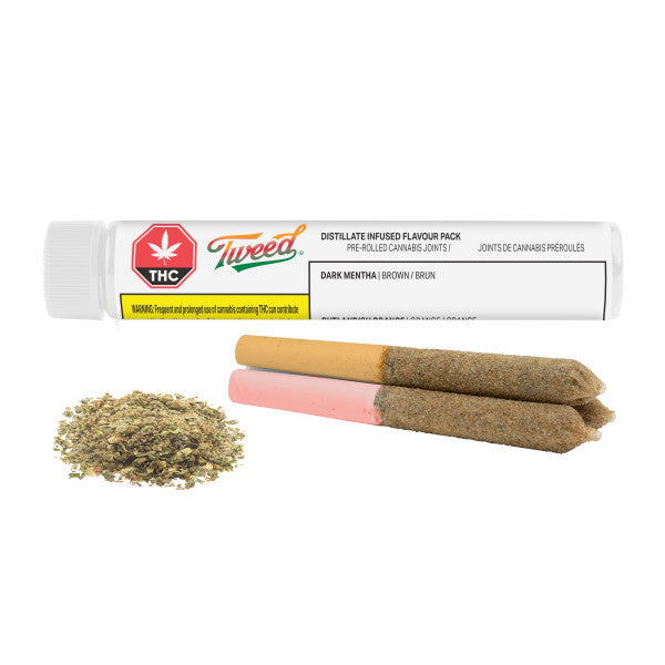 Tweed THC distillate infused flavor pack with pre-rolled cannabis joints and ground cannabis on a white background