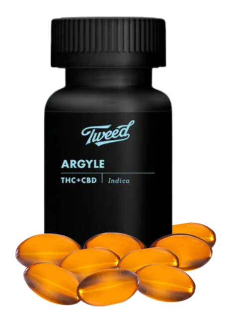 A black bottle labeled 'Tweed Argyle THC+CBD' with several orange capsules displayed in front, indicating it is a cannabis product with both THC and CBD.