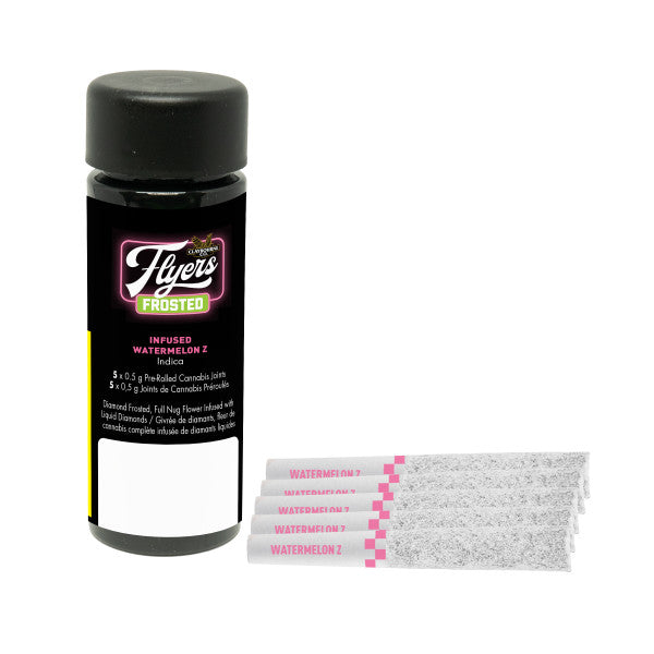 Black bottle labeled 'Flyers Frosted' with packaging on a white background