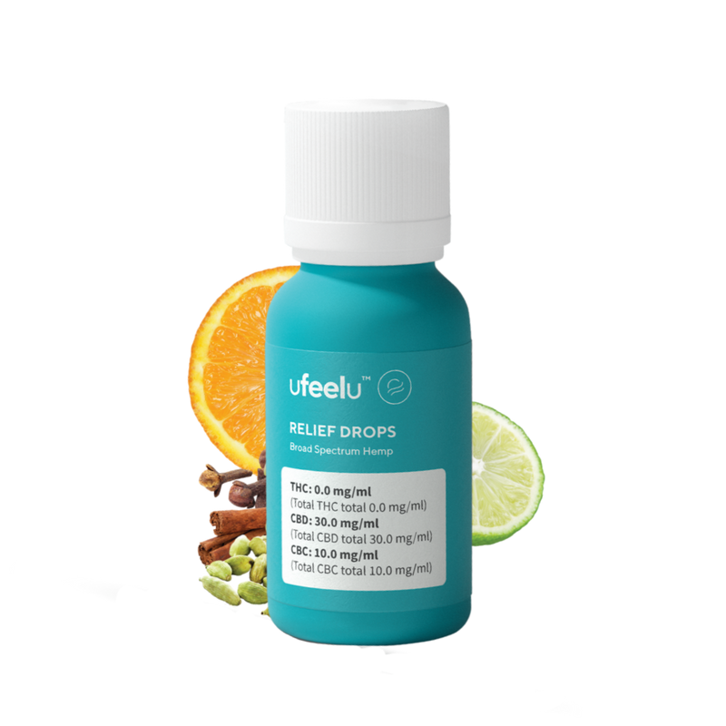 Blue bottle of Ufeelu Relief Drops with citrus and spice ingredients in the background.