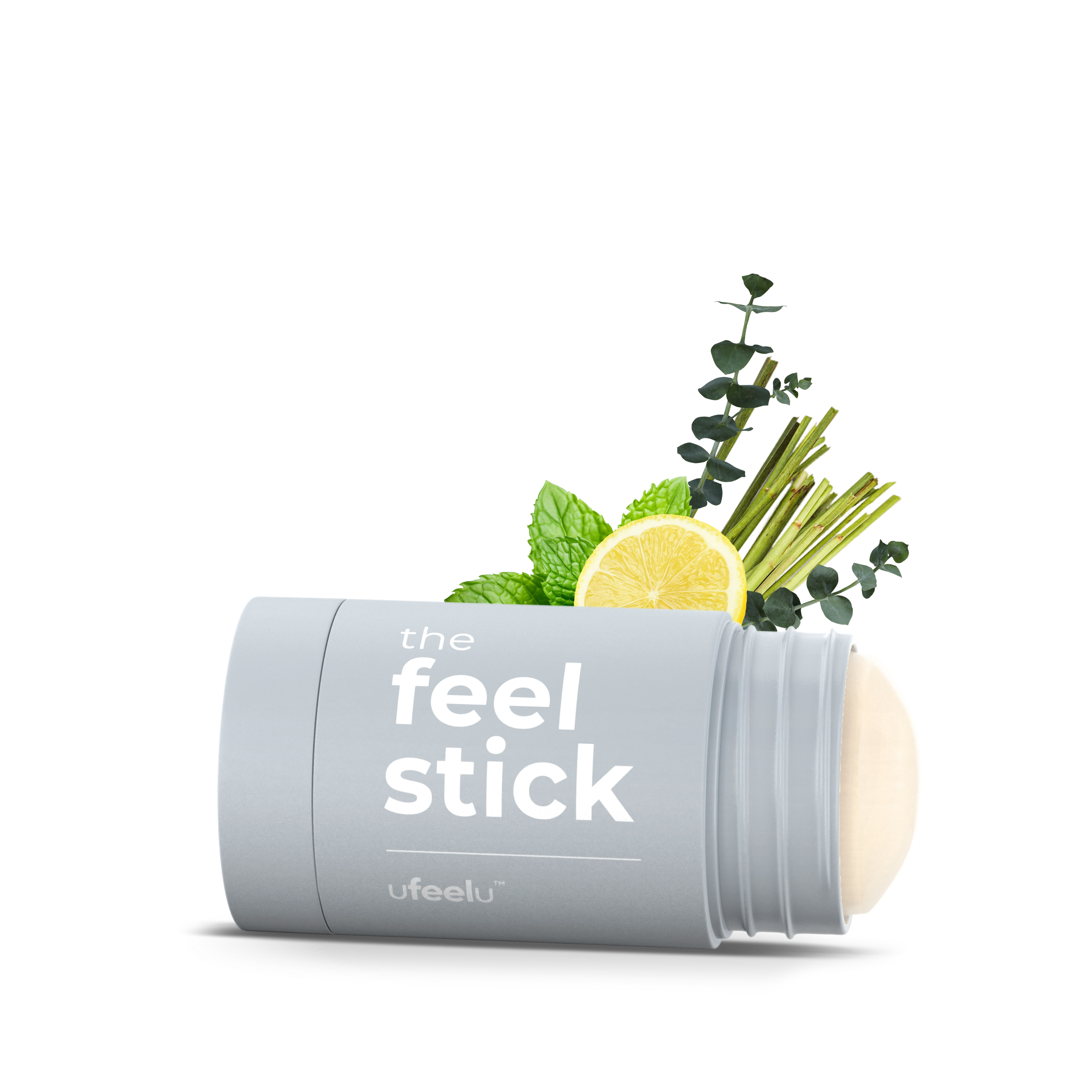 Product packaging labeled 'the feel stick' with natural elements on a white background