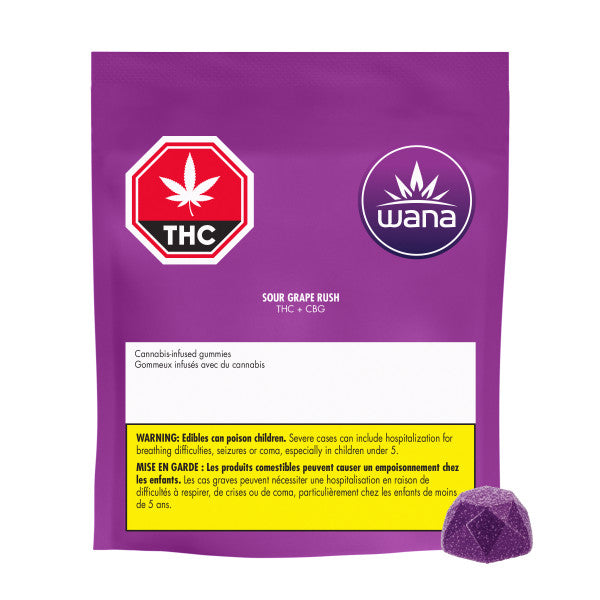 Purple package of Wana THC+CBG gummies with warning label on a white background