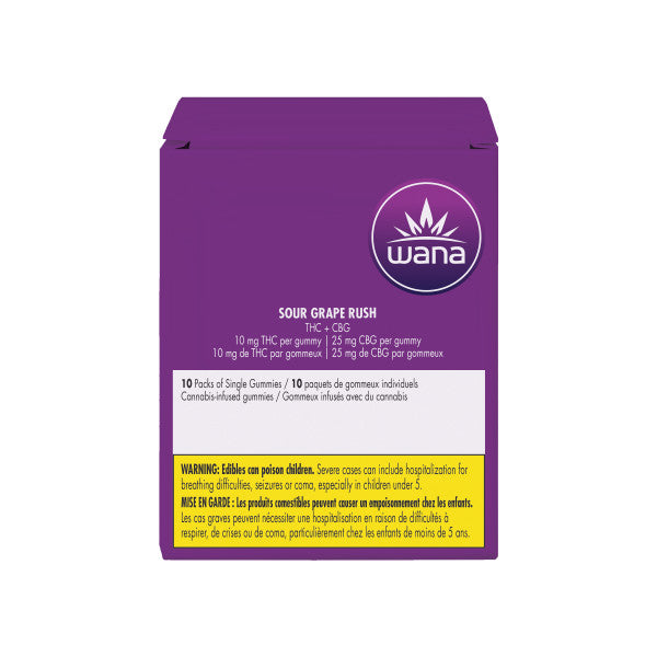 Purple packaging of Wana gummies with text and a logo on a white background