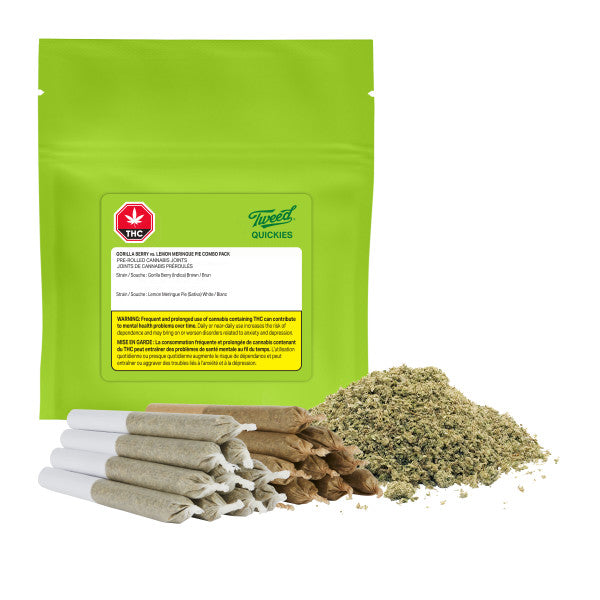 Green package of Tweed Quickies with cannabis products on a white background