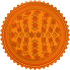 This is a grinder from Storz & Bickel made of orange plastic, pictured from the top down, as if looking directly at the top of the grinder, wihtout the lid