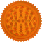This is a grinder from Storz & Bickel made of orange plastic, pictured from the top down, as if looking directly at the top of the grinder, wihtout the lid