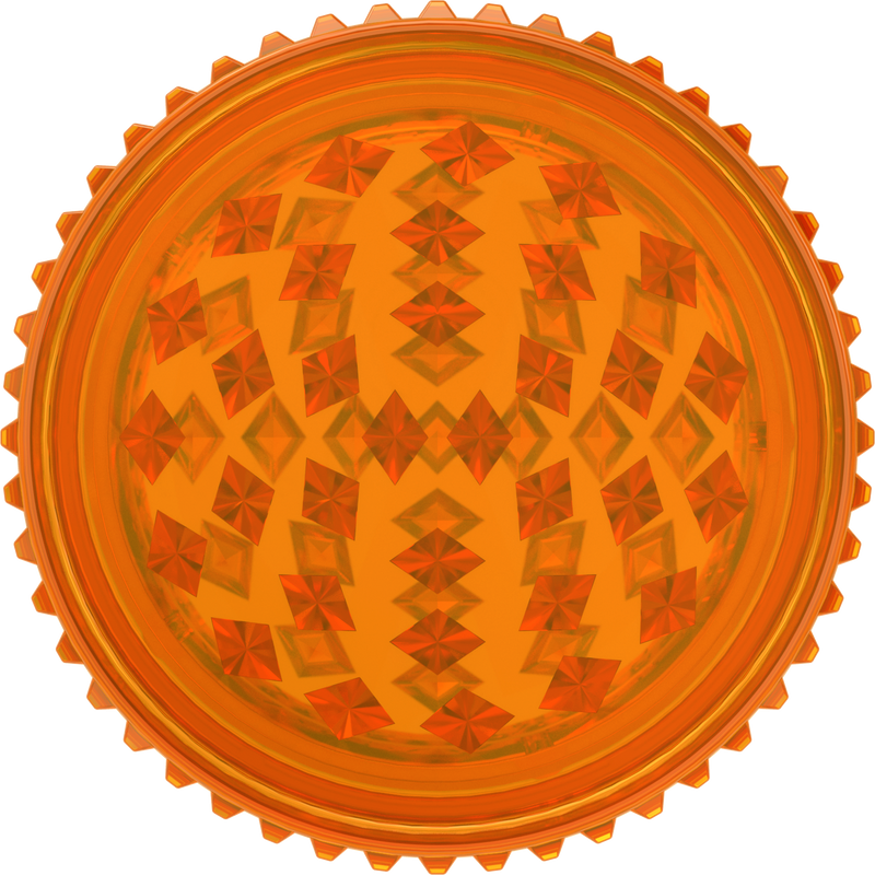 This is a grinder from Storz & Bickel made of orange plastic, pictured from the top down, as if looking directly at the top of the grinder, wihtout the lid