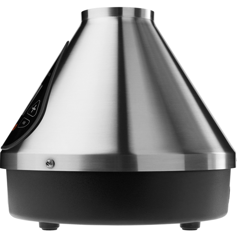 The image shows the Volcano Medic 2 hot air generator, which is a triangular-shaped device with a digital display, touch buttons, and ports for connecting accessories such as balloons and tubes.