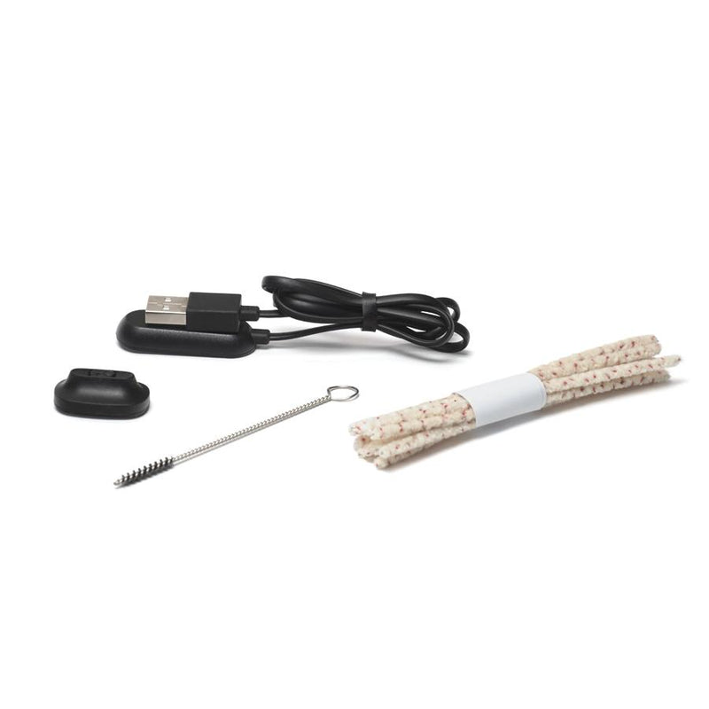 A collection of accessories laid out on a white background, including a black USB charging cable with a magnetic charging dock, a small black rubber or silicone piece, a bundle of beige cotton wick-like strings with red specks, and a small metal cleaning brush.