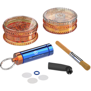 An assortment of vaporizer accessories including a filling aid, herb mill, mouthpiece, seal ring, screens, cleaning brush, and capsule caddy.