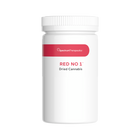 white bottle of cannabis packaging with red label