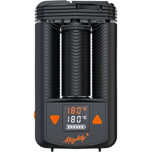 A black handheld vaporizer with a digital temperature display and the brand name 'Mighty+' visible.