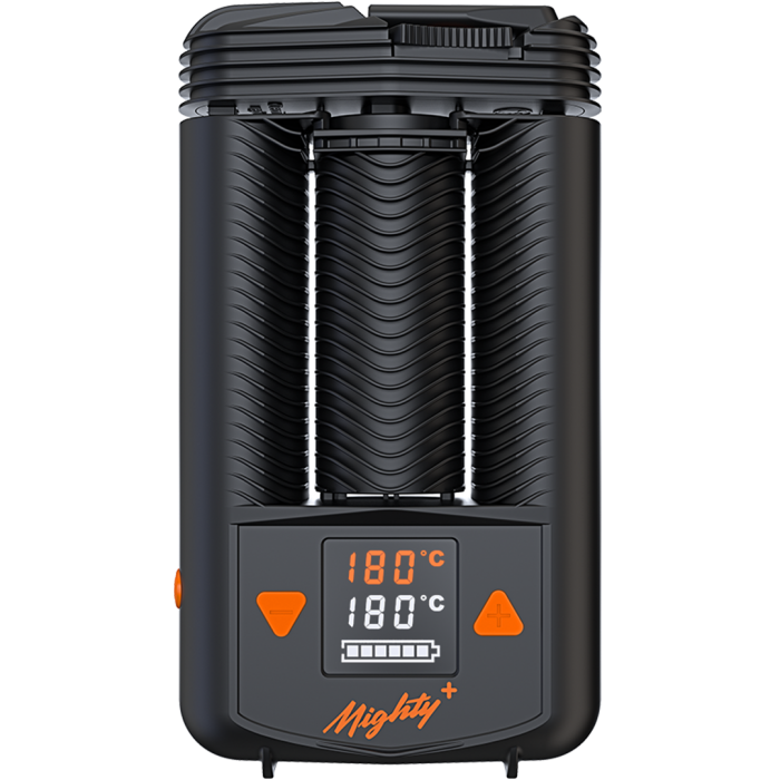 A black handheld vaporizer with a digital temperature display and the brand name 'Mighty+' visible.