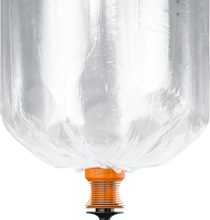 A clear EASY VALVE XL balloon with a mouthpiece, designed for use with a vaporizer.