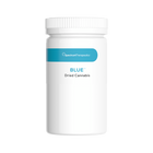 white bottle of cannabis packaging with blue label
